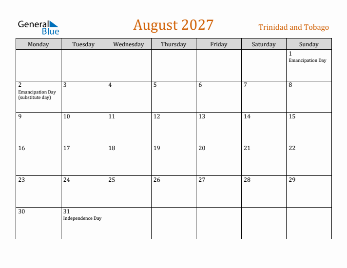 August 2027 Holiday Calendar with Monday Start