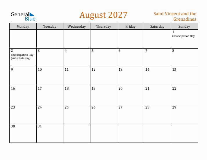 August 2027 Holiday Calendar with Monday Start