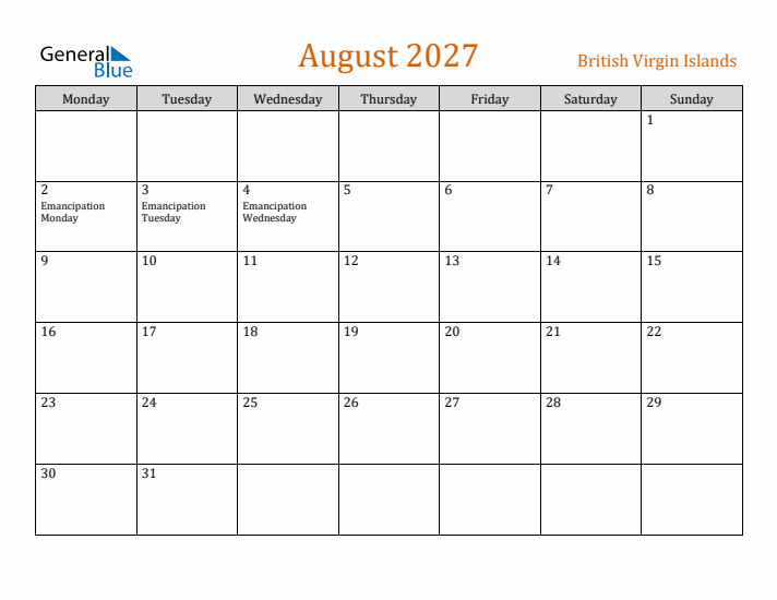 August 2027 Holiday Calendar with Monday Start