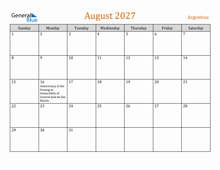 August 2027 Holiday Calendar with Sunday Start