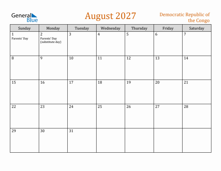 August 2027 Holiday Calendar with Sunday Start