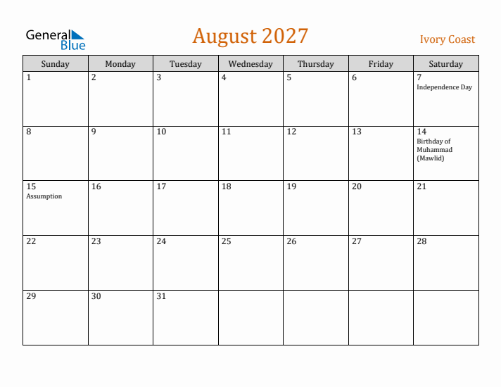 August 2027 Holiday Calendar with Sunday Start