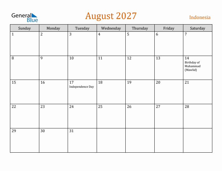 August 2027 Holiday Calendar with Sunday Start