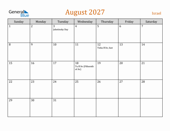 August 2027 Holiday Calendar with Sunday Start