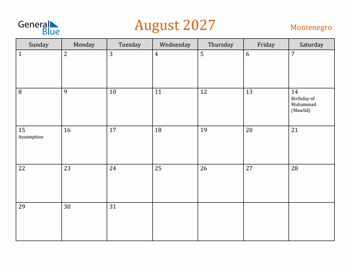 August 2027 Holiday Calendar with Sunday Start
