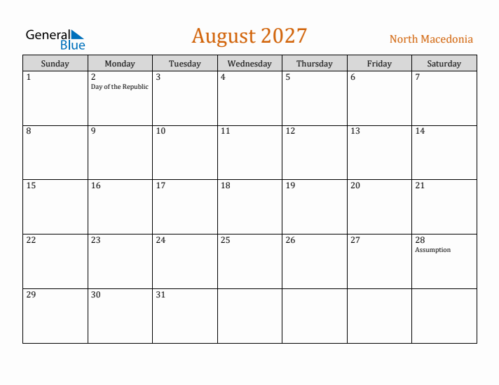 August 2027 Holiday Calendar with Sunday Start