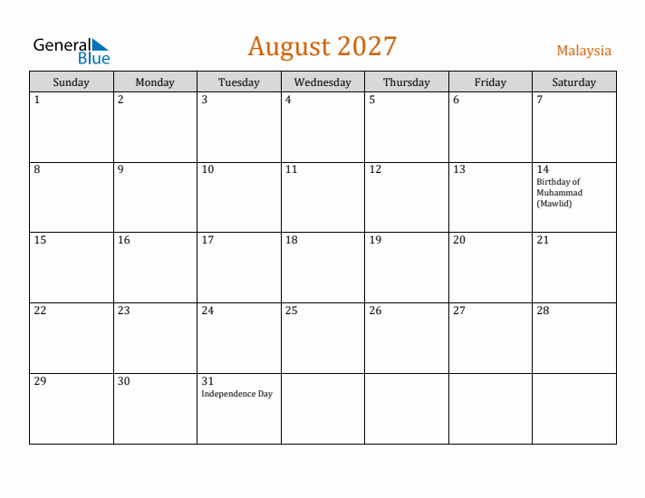 August 2027 Holiday Calendar with Sunday Start