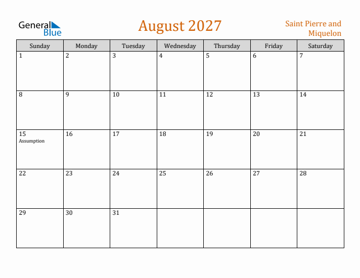 August 2027 Holiday Calendar with Sunday Start