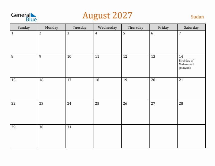 August 2027 Holiday Calendar with Sunday Start