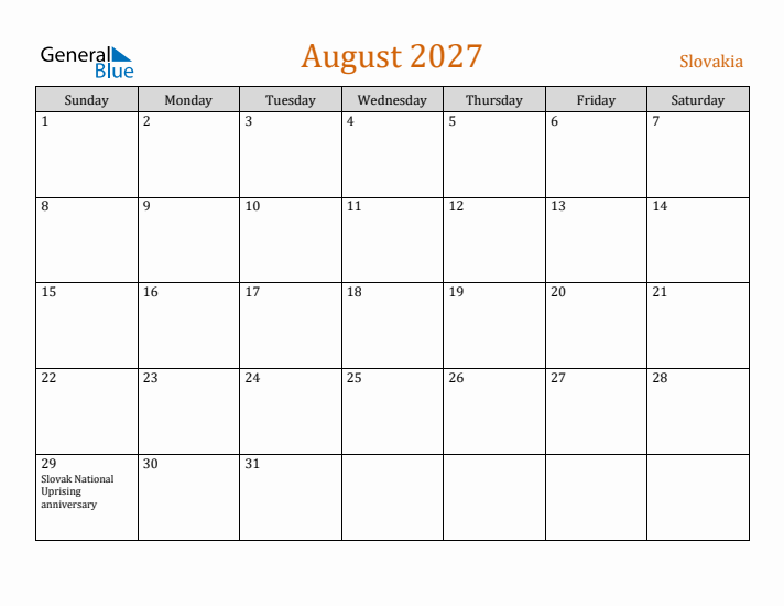 August 2027 Holiday Calendar with Sunday Start