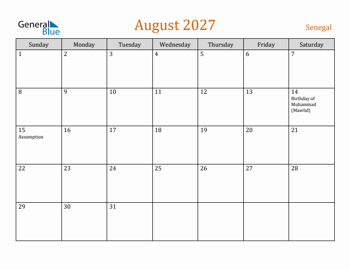 August 2027 Holiday Calendar with Sunday Start