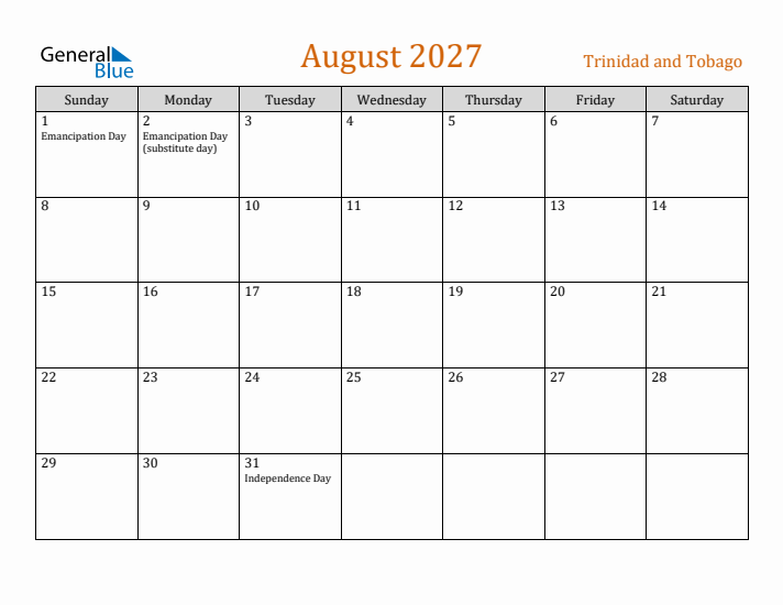 August 2027 Holiday Calendar with Sunday Start
