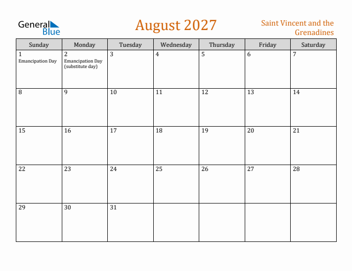 August 2027 Holiday Calendar with Sunday Start