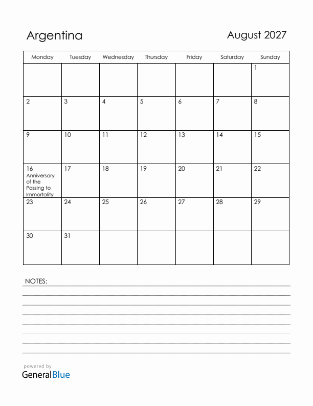 August 2027 Argentina Calendar with Holidays (Monday Start)
