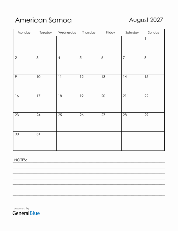 August 2027 American Samoa Calendar with Holidays (Monday Start)