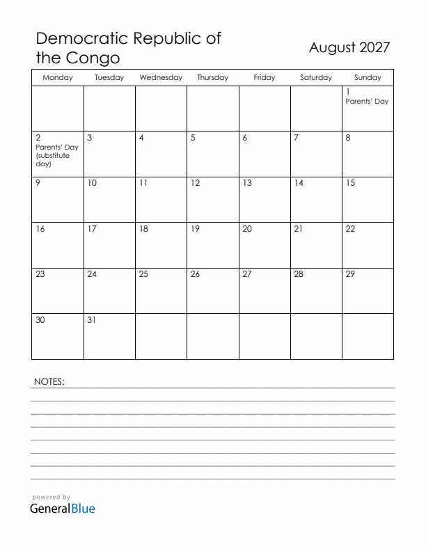 August 2027 Democratic Republic of the Congo Calendar with Holidays (Monday Start)