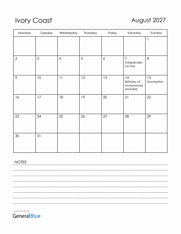August 2027 Ivory Coast Calendar with Holidays (Monday Start)