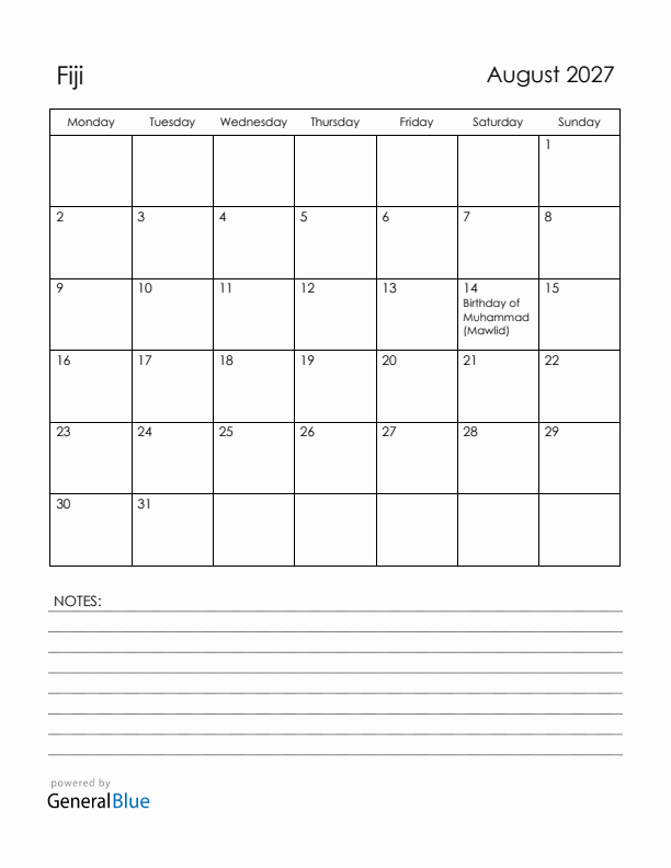 August 2027 Fiji Calendar with Holidays (Monday Start)