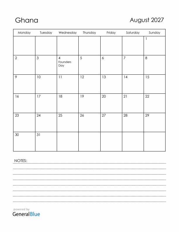 August 2027 Ghana Calendar with Holidays (Monday Start)