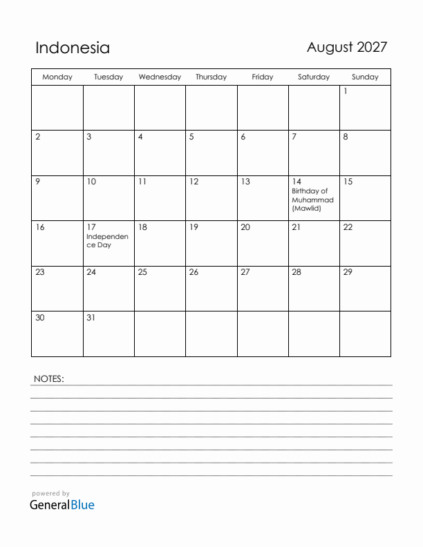 August 2027 Indonesia Calendar with Holidays (Monday Start)