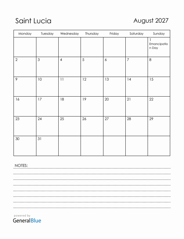 August 2027 Saint Lucia Calendar with Holidays (Monday Start)