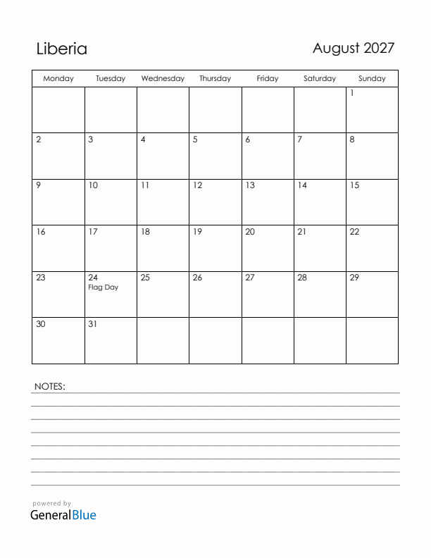 August 2027 Liberia Calendar with Holidays (Monday Start)