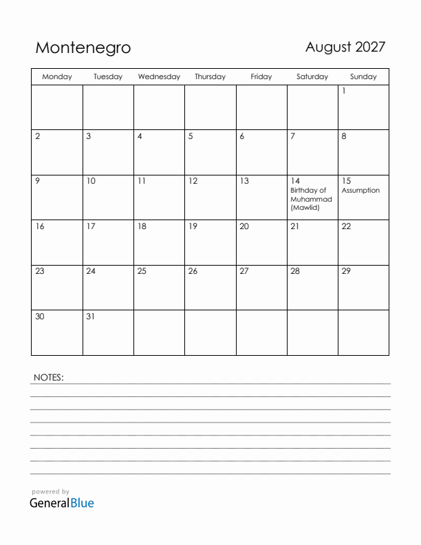 August 2027 Montenegro Calendar with Holidays (Monday Start)