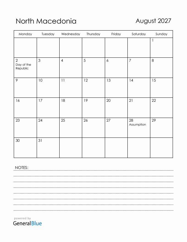 August 2027 North Macedonia Calendar with Holidays (Monday Start)