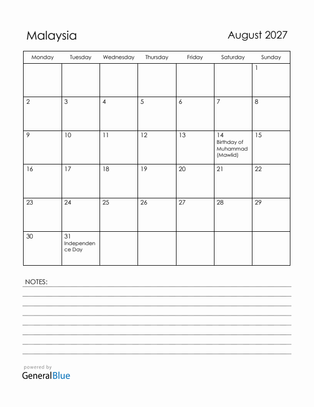 August 2027 Malaysia Calendar with Holidays (Monday Start)