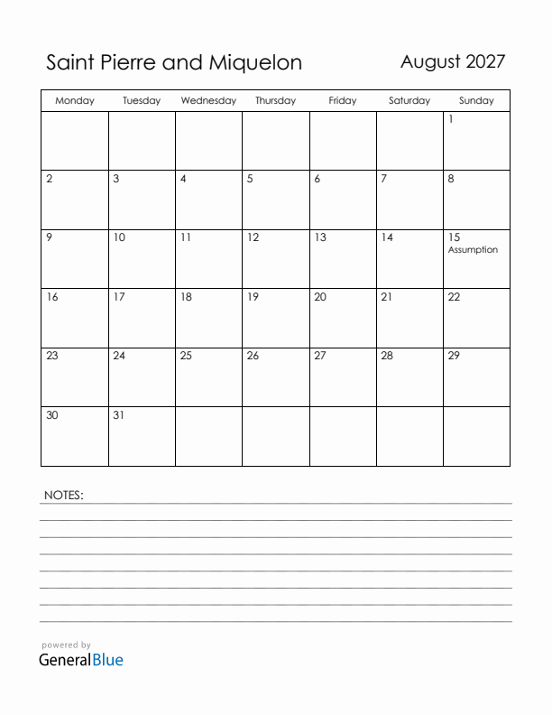 August 2027 Saint Pierre and Miquelon Calendar with Holidays (Monday Start)