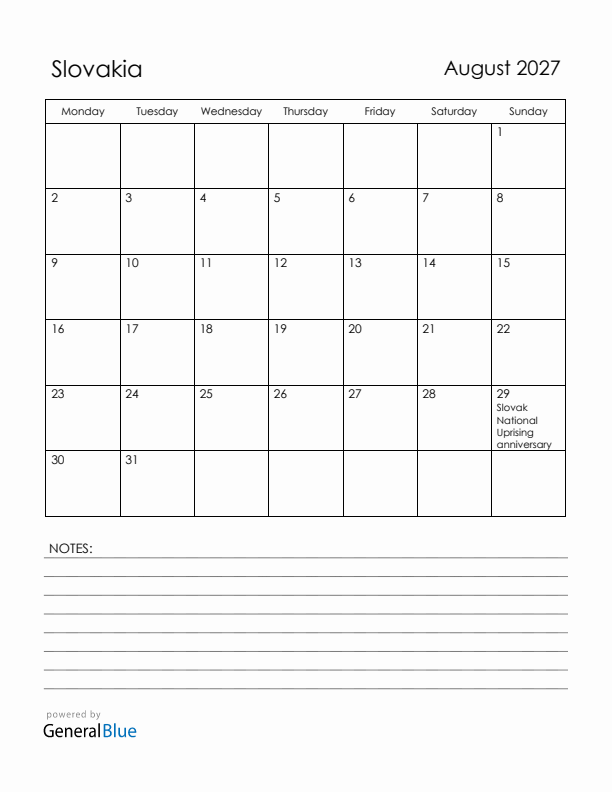 August 2027 Slovakia Calendar with Holidays (Monday Start)