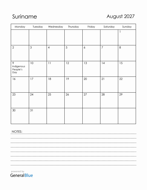 August 2027 Suriname Calendar with Holidays (Monday Start)