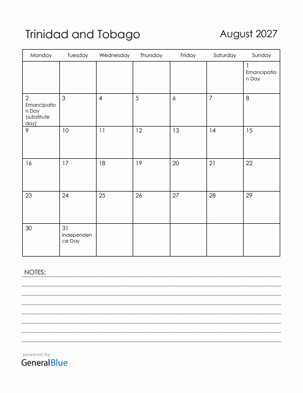 August 2027 Trinidad and Tobago Calendar with Holidays (Monday Start)