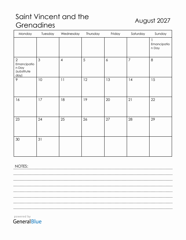 August 2027 Saint Vincent and the Grenadines Calendar with Holidays (Monday Start)