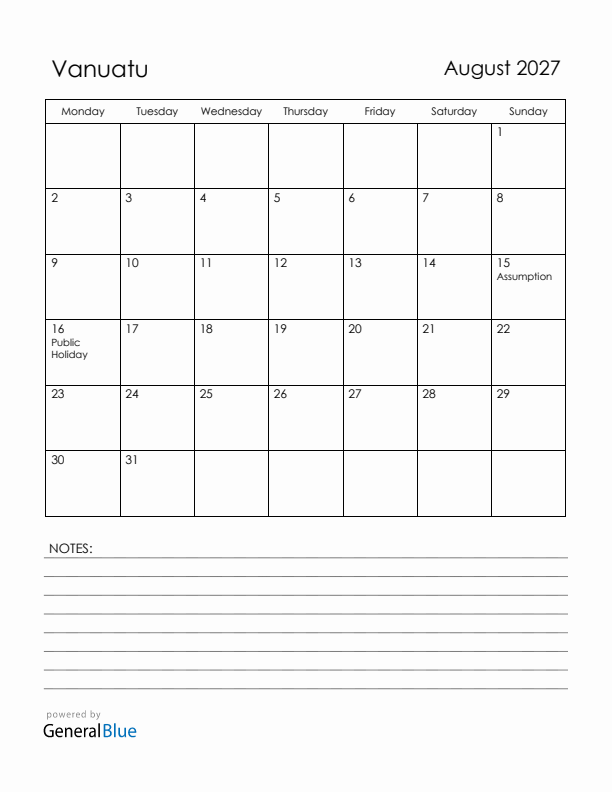 August 2027 Vanuatu Calendar with Holidays (Monday Start)