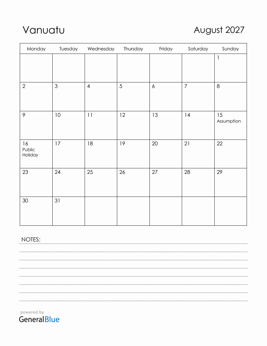 August 2027 Vanuatu Calendar with Holidays (Monday Start)