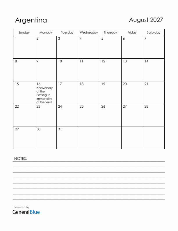 August 2027 Argentina Calendar with Holidays (Sunday Start)