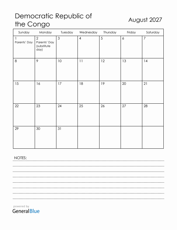 August 2027 Democratic Republic of the Congo Calendar with Holidays (Sunday Start)