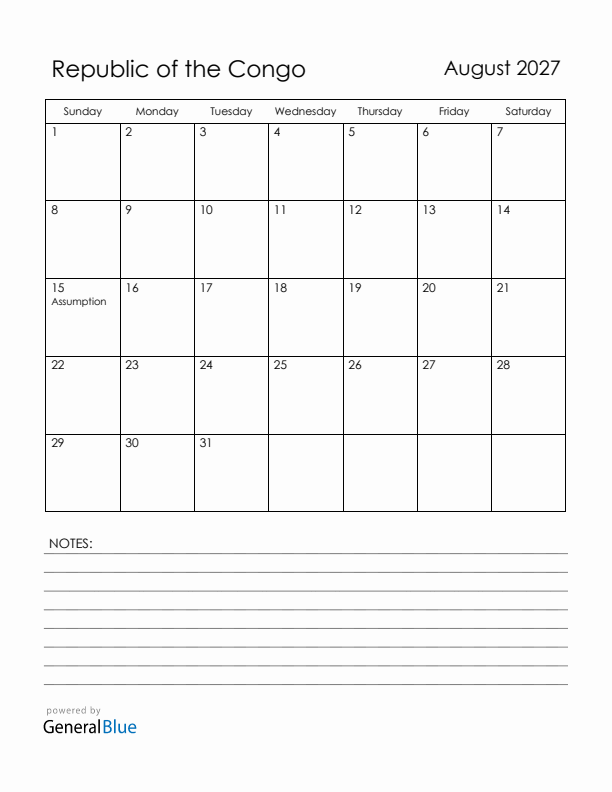 August 2027 Republic of the Congo Calendar with Holidays (Sunday Start)
