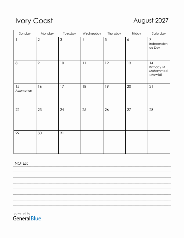 August 2027 Ivory Coast Calendar with Holidays (Sunday Start)