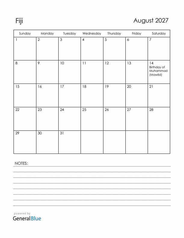August 2027 Fiji Calendar with Holidays (Sunday Start)