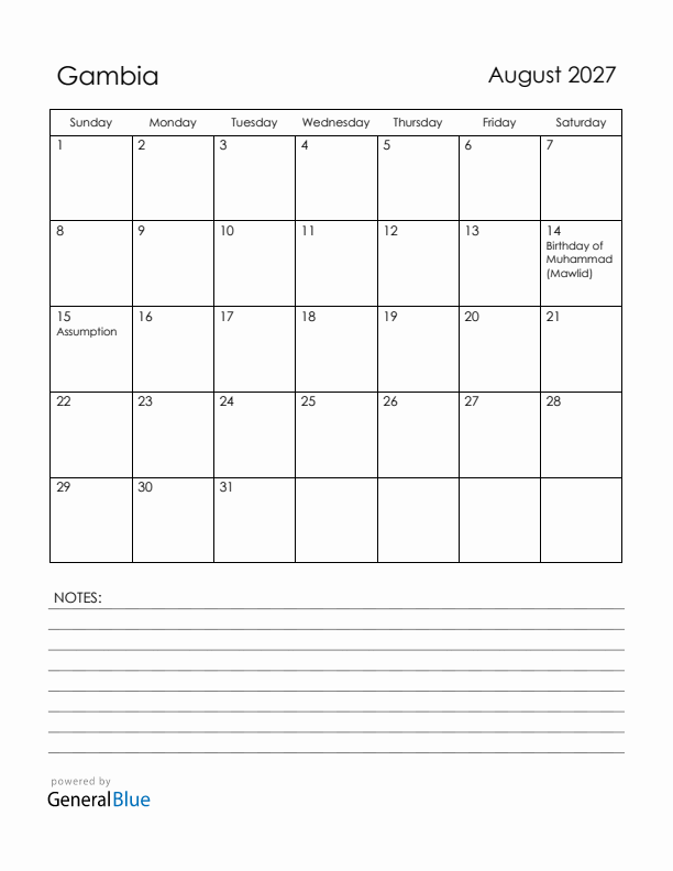 August 2027 Gambia Calendar with Holidays (Sunday Start)