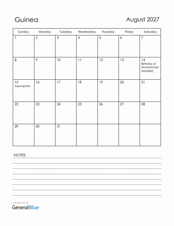 August 2027 Guinea Calendar with Holidays (Sunday Start)