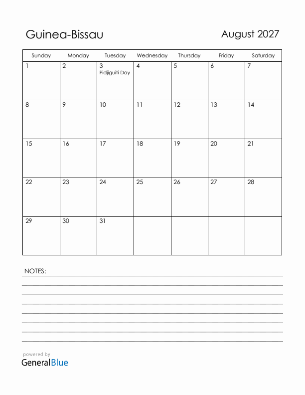 August 2027 Guinea-Bissau Calendar with Holidays (Sunday Start)
