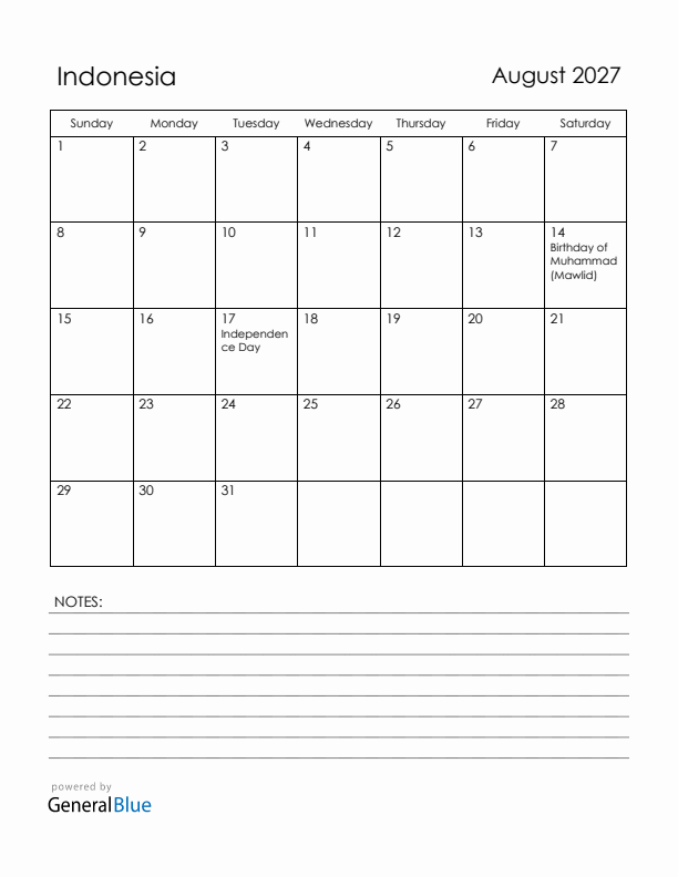 August 2027 Indonesia Calendar with Holidays (Sunday Start)