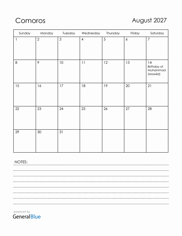 August 2027 Comoros Calendar with Holidays (Sunday Start)