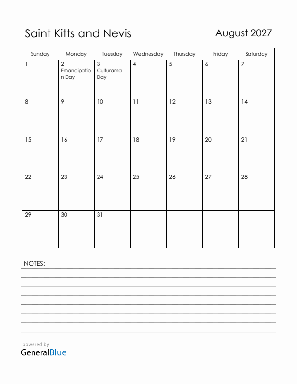 August 2027 Saint Kitts and Nevis Calendar with Holidays (Sunday Start)