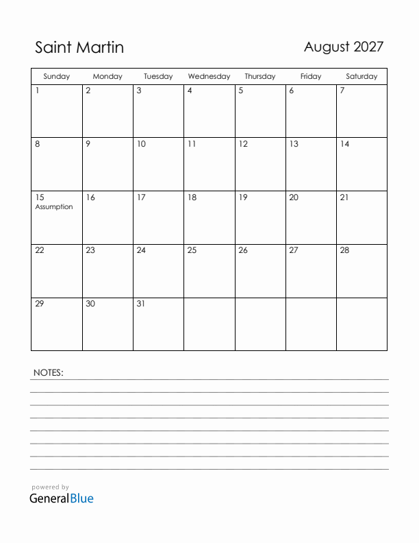 August 2027 Saint Martin Calendar with Holidays (Sunday Start)