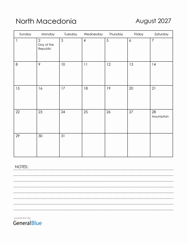 August 2027 North Macedonia Calendar with Holidays (Sunday Start)