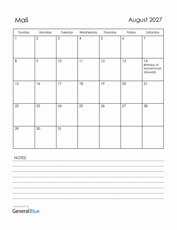 August 2027 Mali Calendar with Holidays (Sunday Start)
